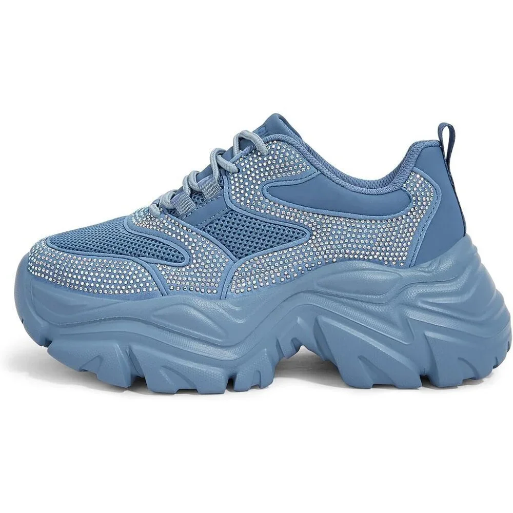 Women Leather Blue Rhinestone Comfortable Wedge Walking Sport Sneakers Shoes